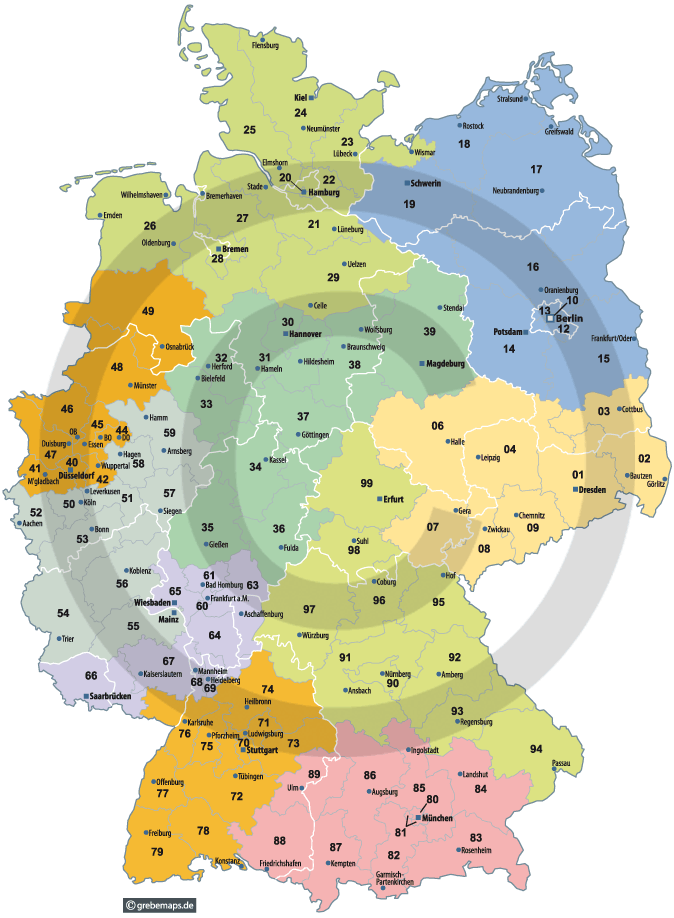 Postleitzahlenkarte Deutschland 2-stellig - grebemaps® Kartographie